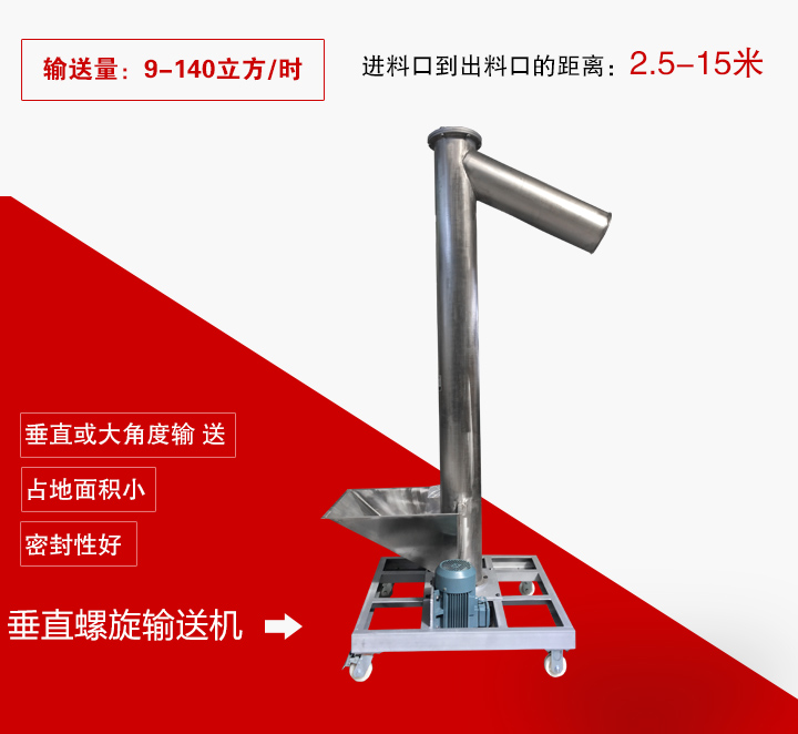 垂直螺旋輸送機用于垂直或大傾角輸送物料，輸送高度可達15米